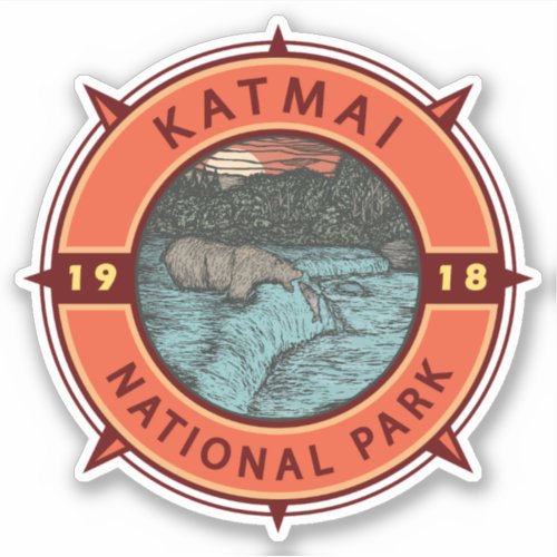 Katmai National Park Grizzly Bear Retro Compass Sticker