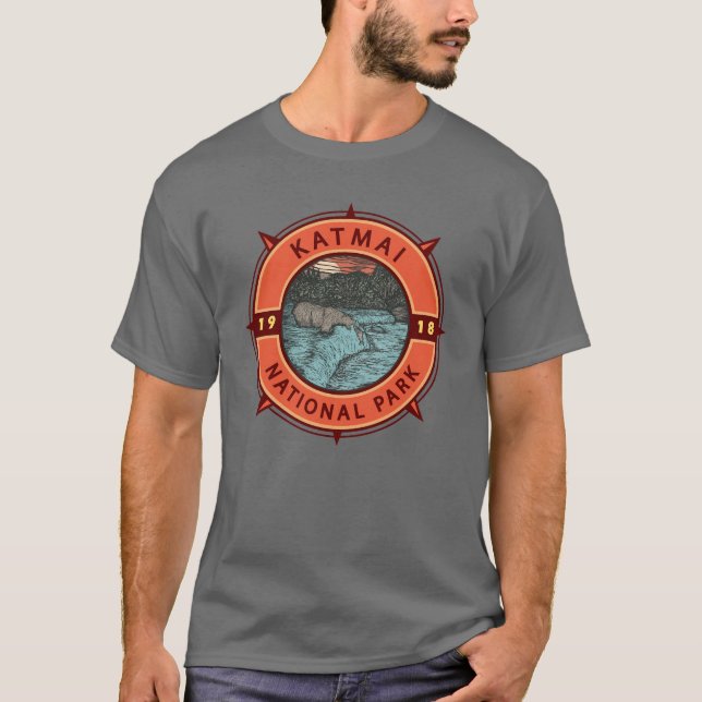 Katmai National Park Grizzly Bear Retro Compass T-Shirt (Front)