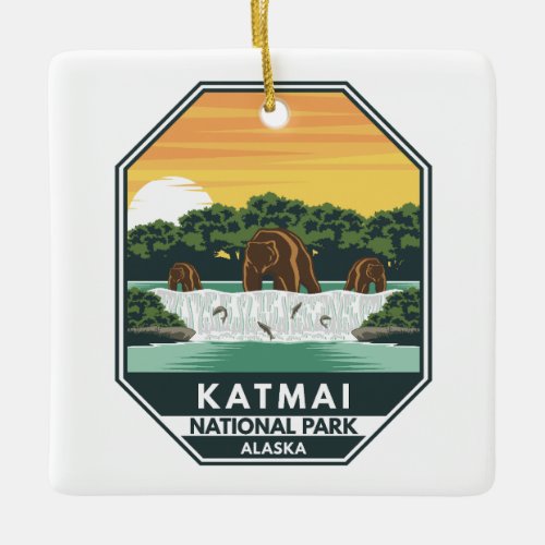 Katmai National Park Grizzly Bears Retro Emblem Ceramic Ornament