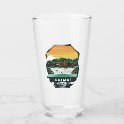 Katmai National Park Grizzly Bears Retro Emblem Glass