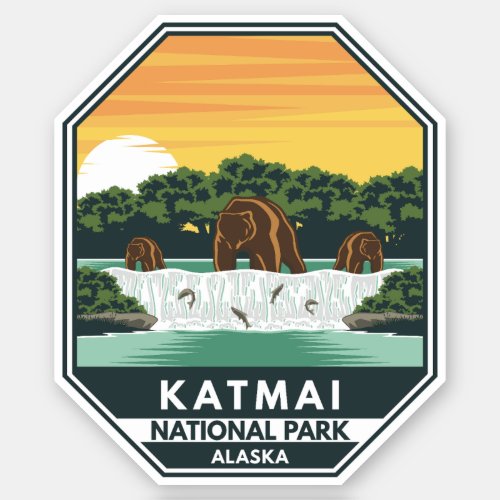 Katmai National Park Grizzly Bears Retro Emblem Sticker