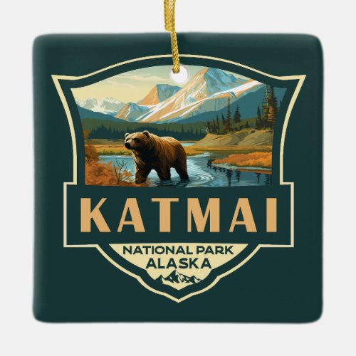 Katmai National Park Illustration Retro Badge Ceramic Ornament