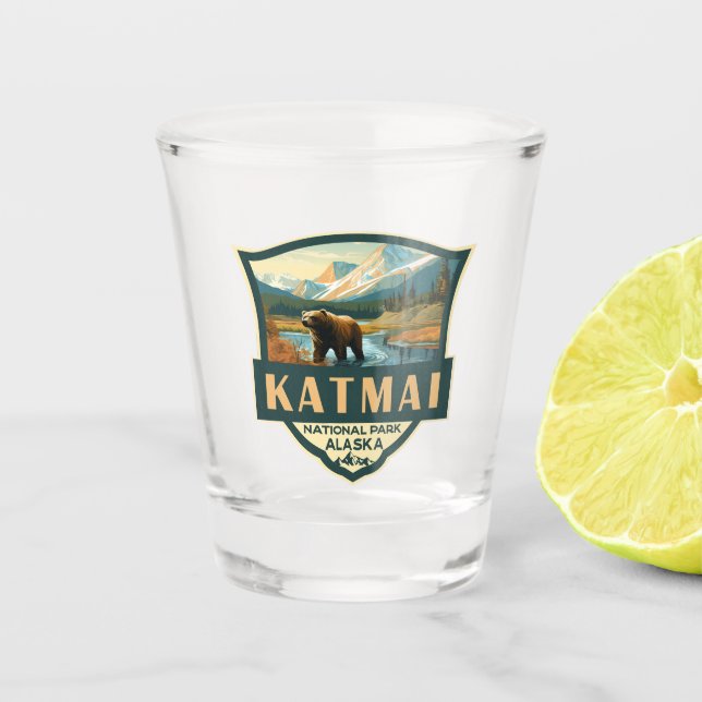 Katmai National Park Illustration Retro Badge Shot Glass (Front)