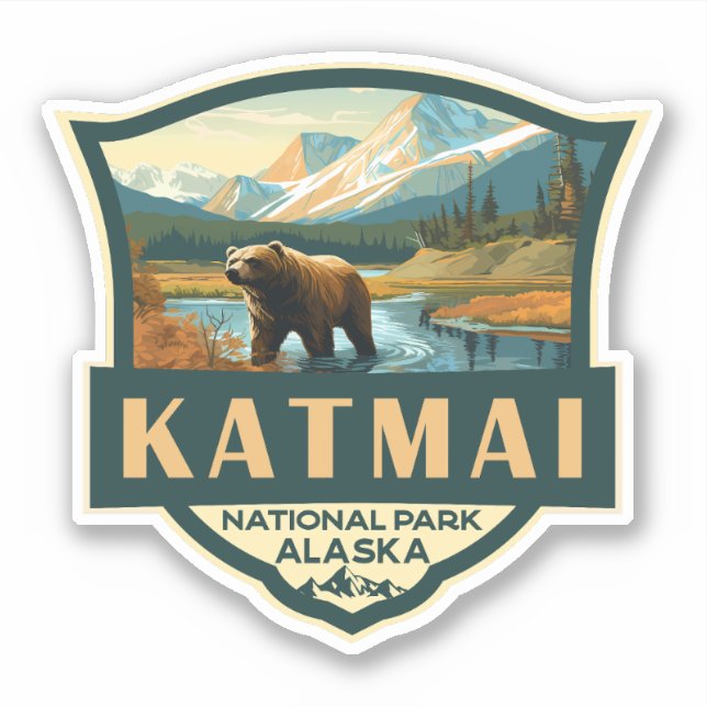 Katmai National Park Illustration Retro Badge Sticker (Front)