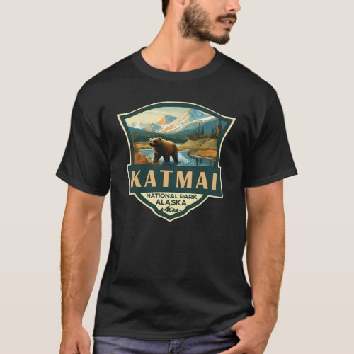 Katmai National Park Illustration Retro Badge T_Shirt