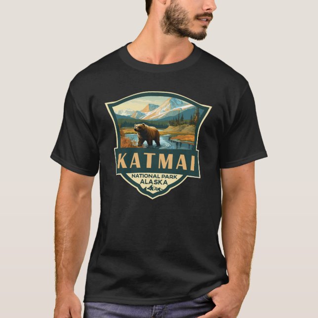 Katmai National Park Illustration Retro Badge T-Shirt (Front)