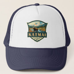 Katmai National Park Illustration Retro Badge Trucker Hat