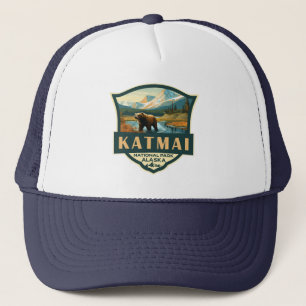 Katmai National Park Illustration Retro Badge Trucker Hat