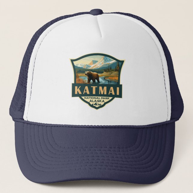 Katmai National Park Illustration Retro Badge Trucker Hat (Front)