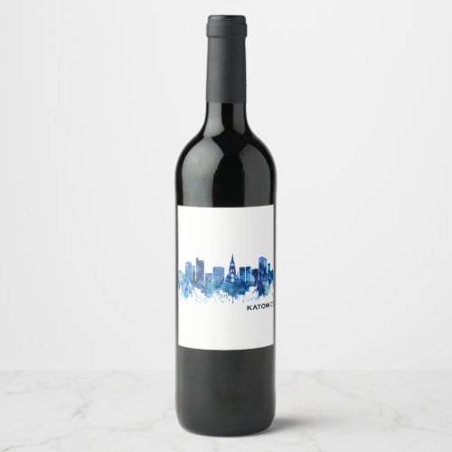 Katowice Poland Skyline Blue Wine Label