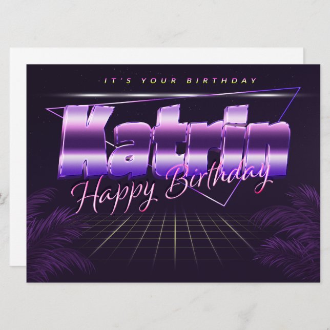Katrin first name purple retro card birthday (Front/Back)