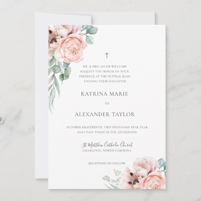 Katrina Boho Watercolor Flowers Catholic Wedding Invitation (Front)