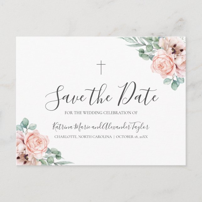 Katrina Christian Cross Greenery Save the Date Announcement Postcard (Front)