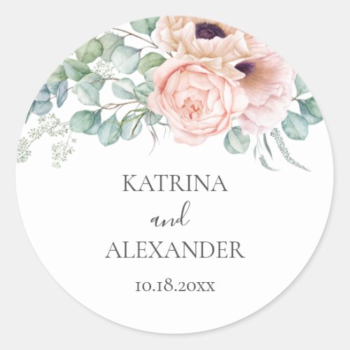 Katrina Floral Pink Boho Chic Wedding Classic Round Sticker
