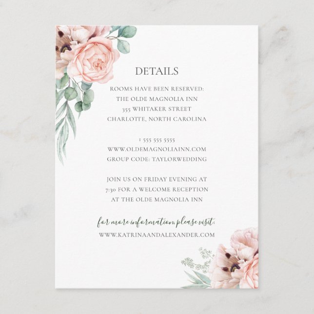 Katrina Pink Floral Wedding Guest Details Enclosure Card (Front)