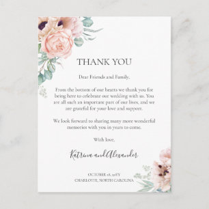 Katrina Pink Floral Wedding Reception Thank You Postcard