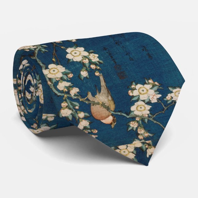 Katsushika Hokusai 葛飾 北斎 Goldfinch and Cherry Tree Neck Tie (Rolled)