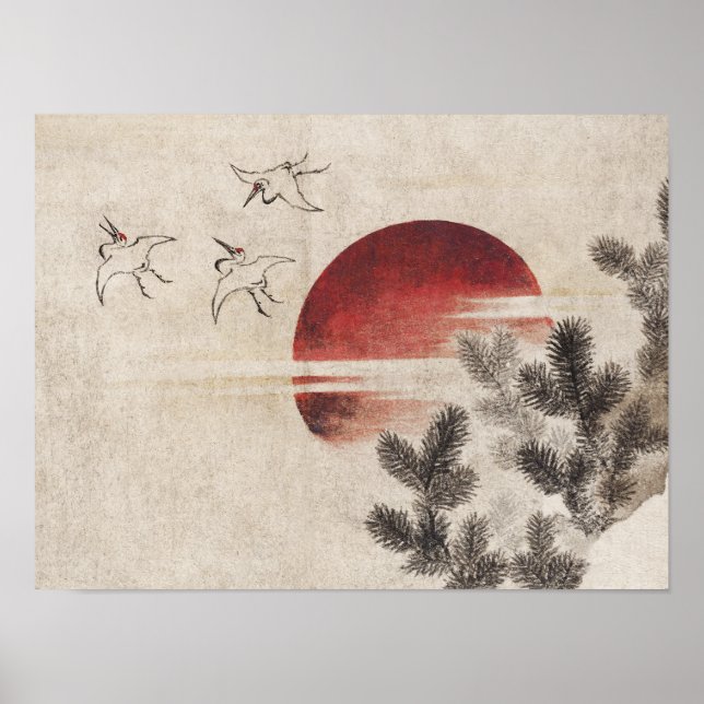 Katsushika Hokusai-Birds and sunset Poster (Front)