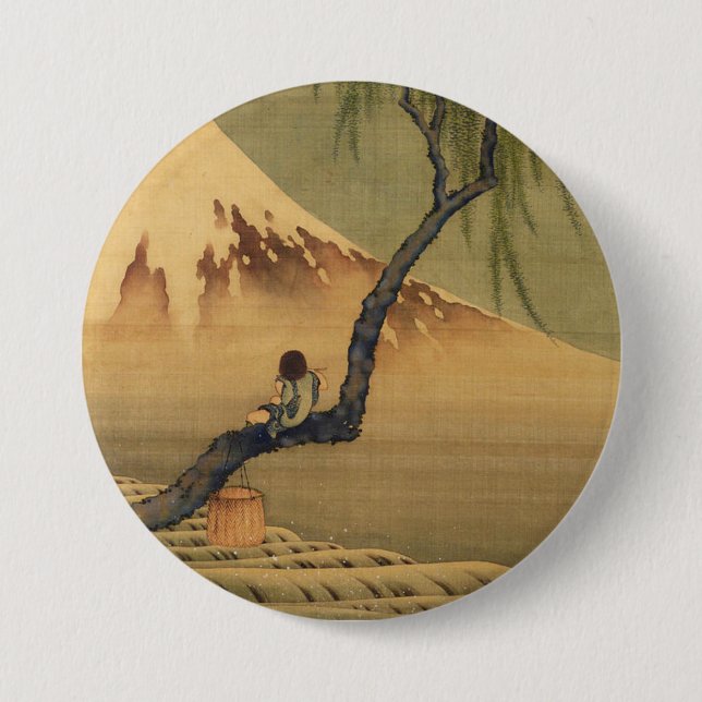 Katsushika Hokusai Boy Viewing Mount Fuji Button (Front)
