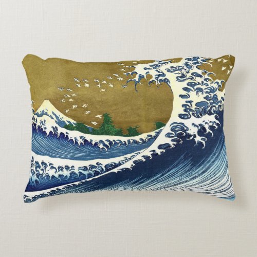 Katsushika Hokusai _ Colored Big Wave Accent Pillow