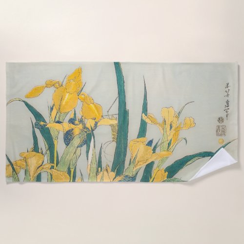 Katsushika Hokusai _ Grasshopper and Iris Beach Towel
