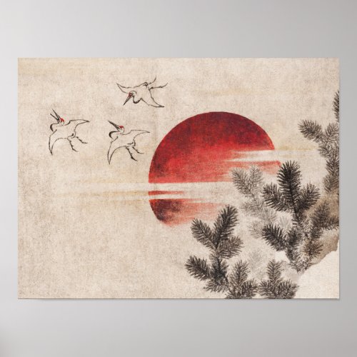 Katsushika Hokusais birds and sunset 1814 Poster