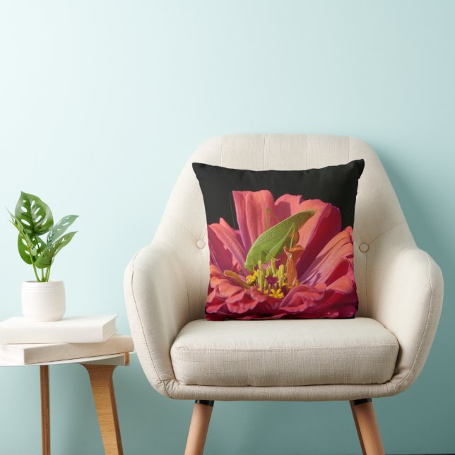 Katydid on Zinnia Throw Pillow (Chair)