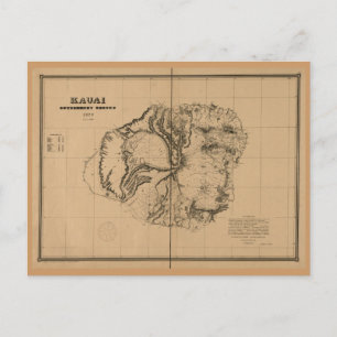 Kauai, 1878, Vintage Hawaii Map Postcard