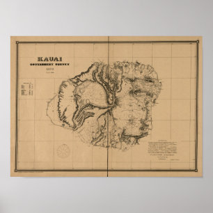 Kauai, 1878, Vintage Hawaii Map Poster