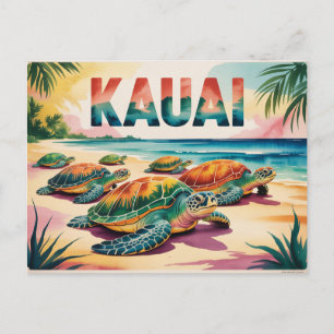 Kauai Beach Turtles Illustration Postcard