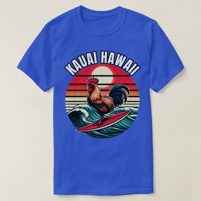 Kauai Hawaii Chicken Rooster Surfing Retro Sunset  T-Shirt (Design Front)