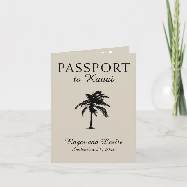 Kauai Hawaii Cream and Black Wedding Passport Invitation (Front)