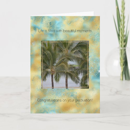 Kauai Hawaii Palm Trees Aqua Gold Glitz Sparkle Card