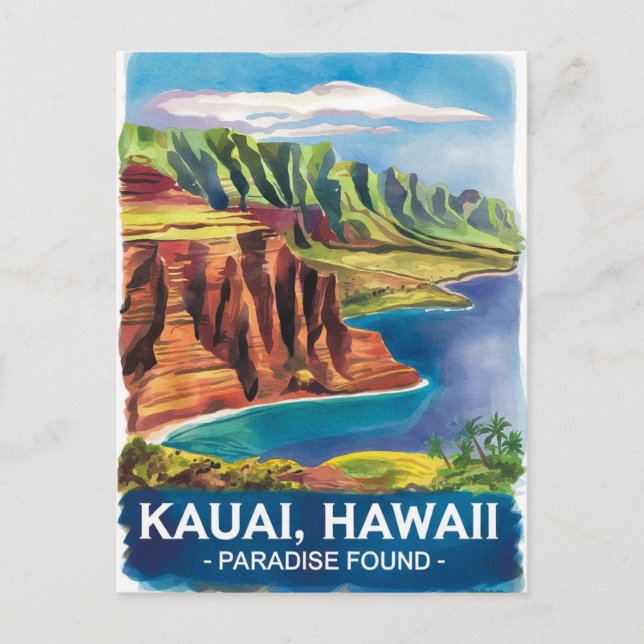 Kauai Hawaii Paradise Found Watercolor Painting Postcard (Front)