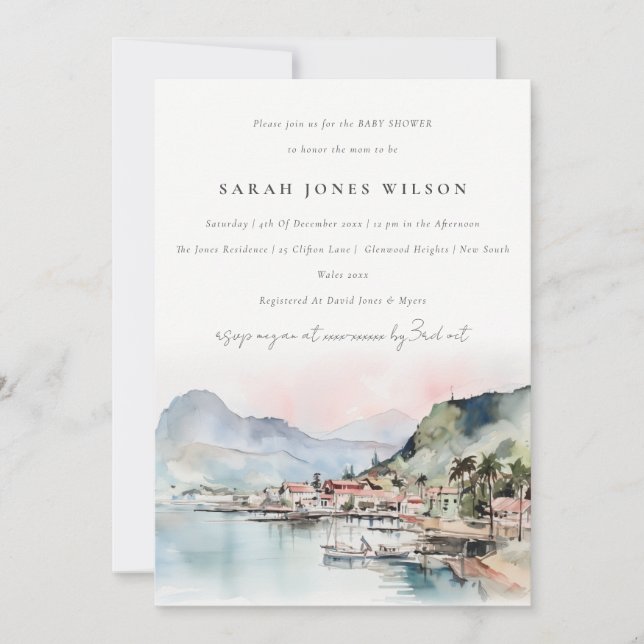 Kauai Hawaii Watercolor Landscape Baby Shower Invitation (Front)