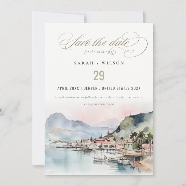 Kauai Hawaii Watercolor Landscape Wedding Save The Date (Front)