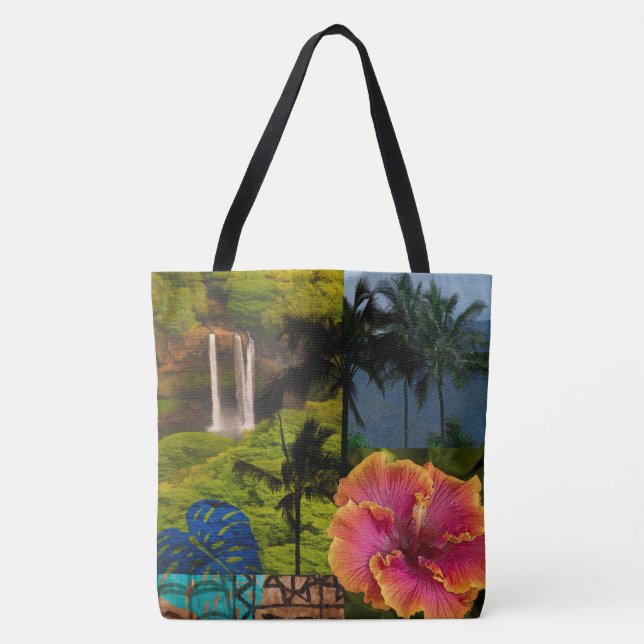Kauai Hawaiian Collage Reversible Beach Bag (Front)