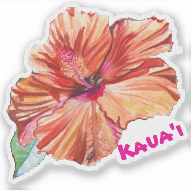 Kauai Hibiscus Watercolor Hawaiian Sticker (Front)