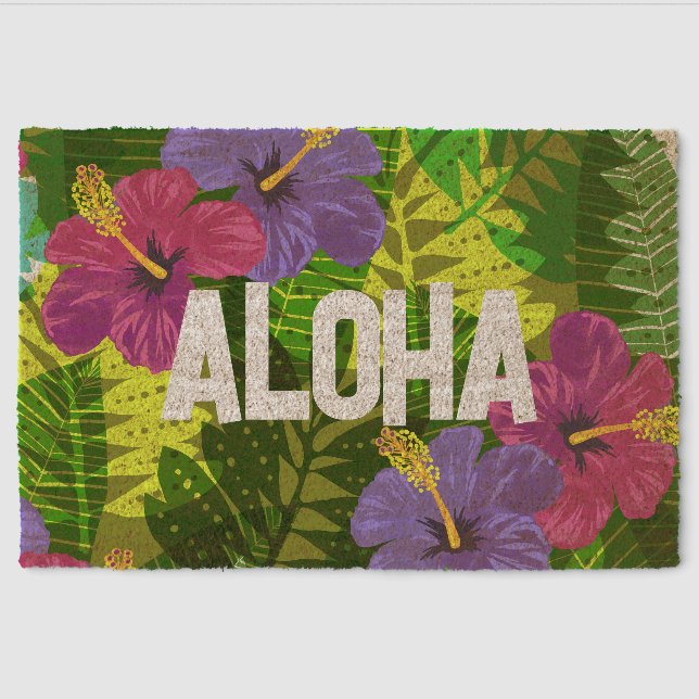 Kauai Jungle Hawaiian Hibiscus and Palms- Brights Fiber Doormat (Front)