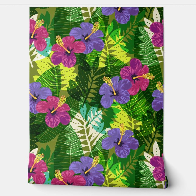 Kauai Jungle Hawaiian Hibiscus and Palms -Brights Wallpaper (Unrolling)