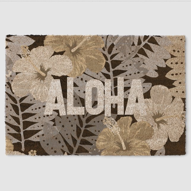 Kauai Jungle Hawaiian Hibiscus and Palms- Neutrals Fiber Doormat (Front)