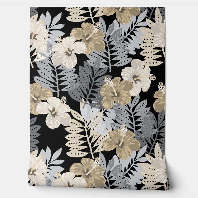 Kauai Jungle Hawaiian Hibiscus and Palms -Neutrals Wallpaper (Unrolling)