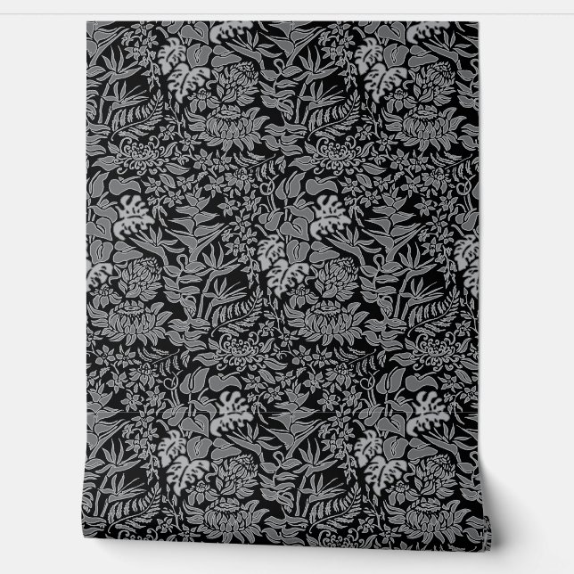 Kauai Morning Hawaiian Protea Floral - Black Wallpaper (Unrolling)