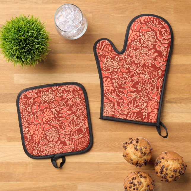 Kauai Morning Hawaiian Protea Floral Red Oven Mitt & Pot Holder Set (Top Down)
