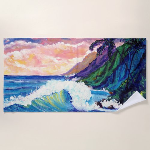 Kauai Na Pali Coast with Ocean Wave Beach Towel