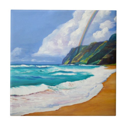 Kauai Polihale Beach with Rainbow Ceramic Tile