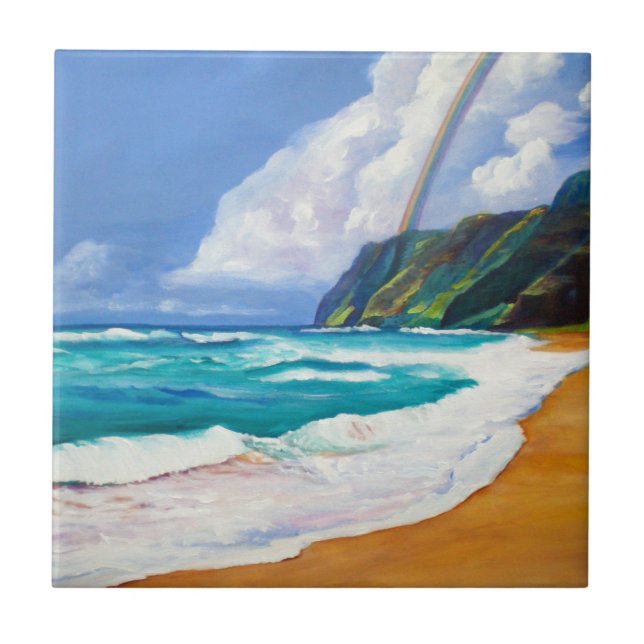 Kauai Polihale Beach with Rainbow Ceramic Tile (Front)