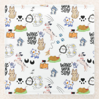 Kawai Pet Lover Cute Seamless Pattern Glass Coaster