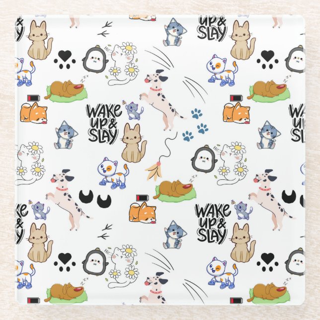 Kawai Pet Lover Cute Seamless Pattern Glass Coaster (Front)