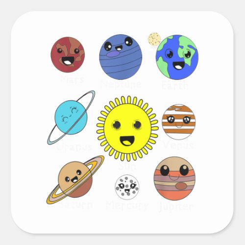 Kawaii 8 little Planets Cute Solar System Solar As Square Sticker
